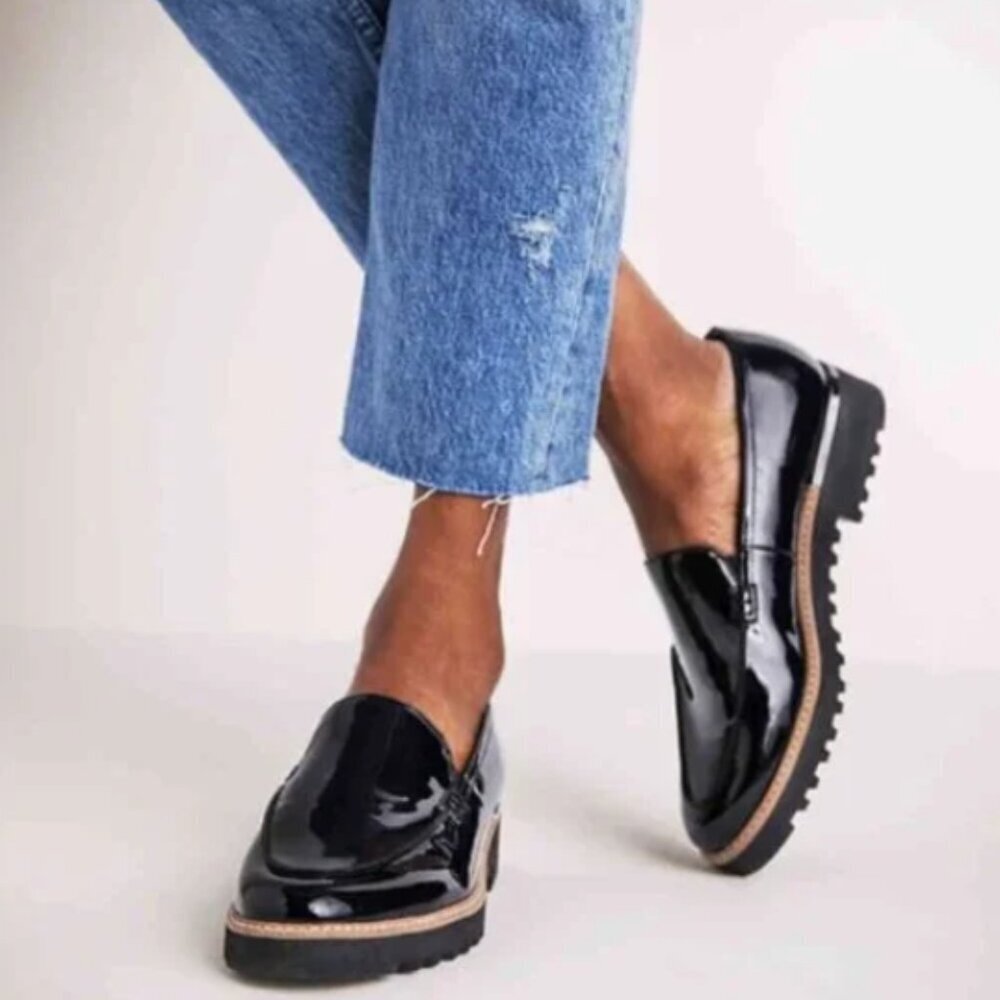Franco Sarto Black Shiny Patent Leather Cypress Lug Sole Loafers - Picture 1 of 15